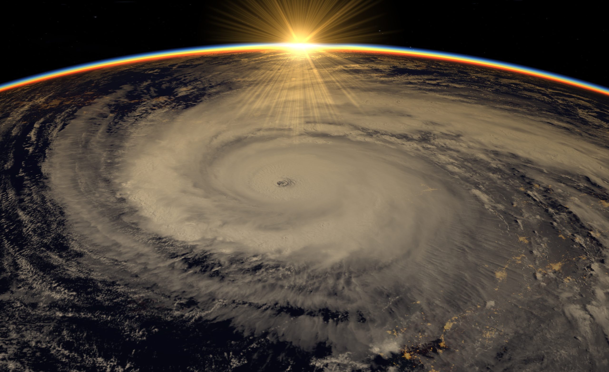 Hurricane visible above the earth, satellite view. Elements of t