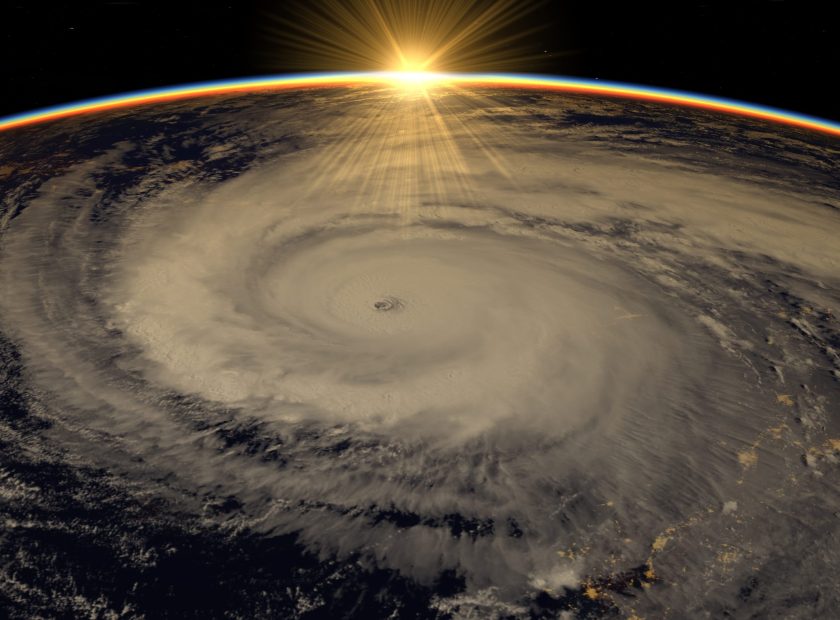 Hurricane visible above the earth, satellite view. Elements of t