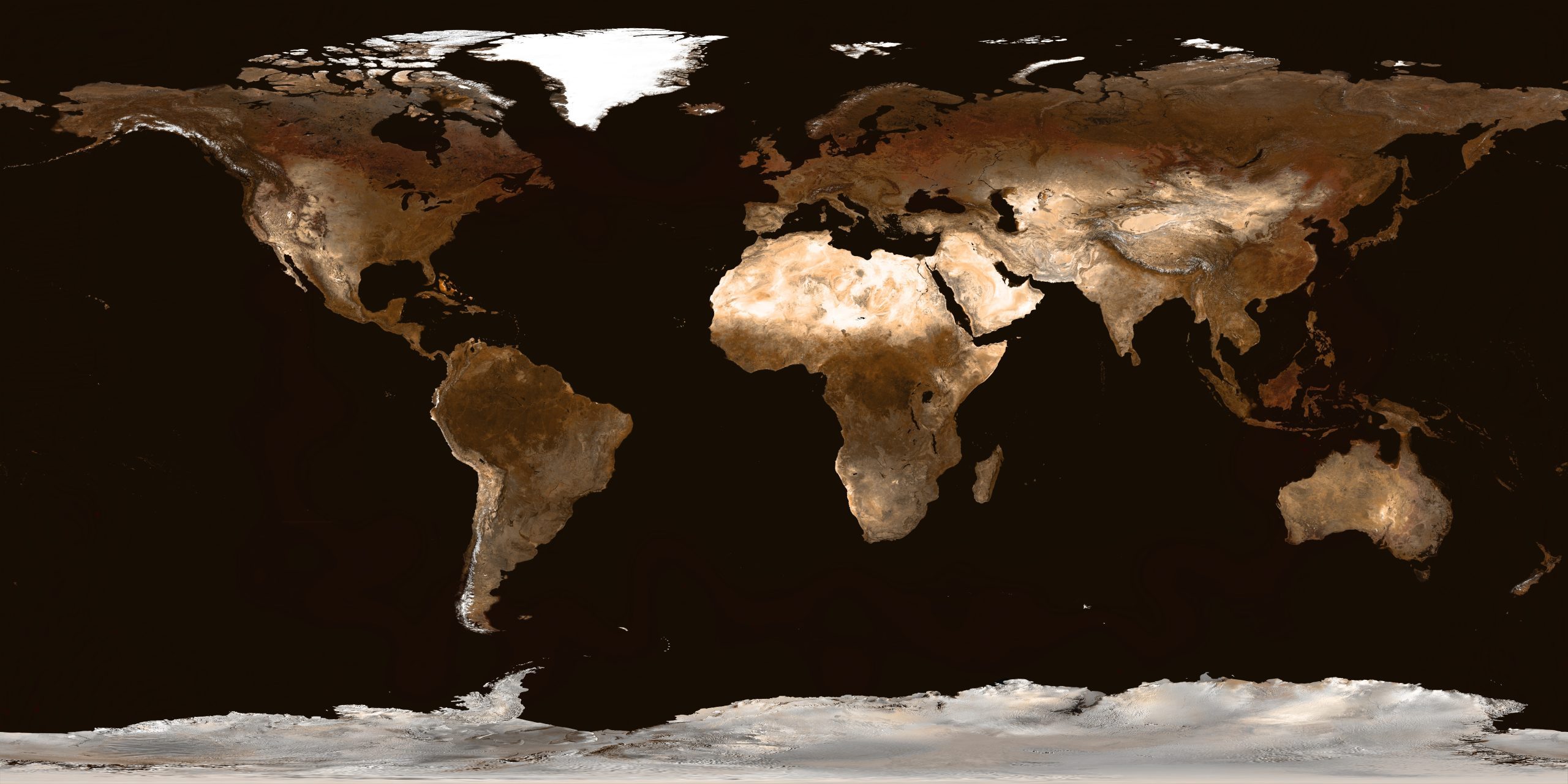 Real detail world map of continents. Isolated on dark blue. Real colour of continents. Scene reconstructed and edit from real NASA foto of earth.