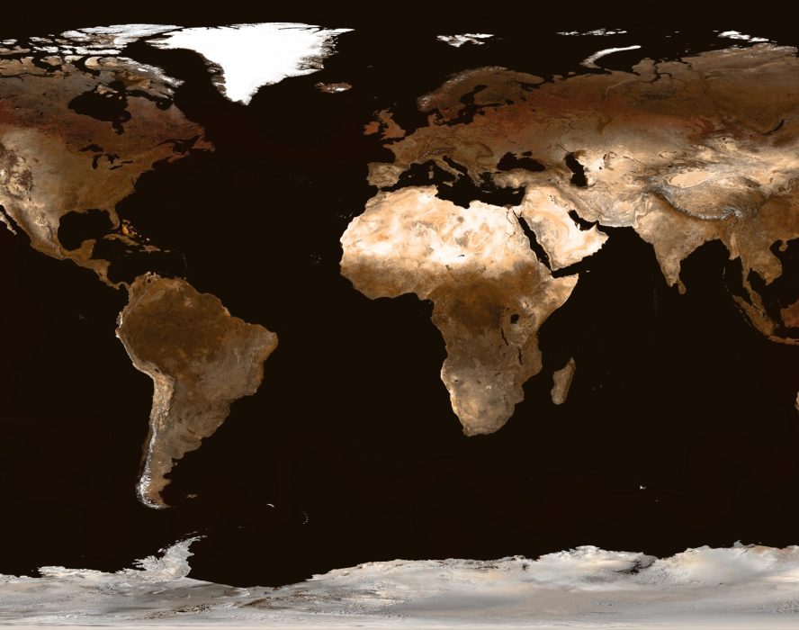 Real detail world map of continents. Isolated on dark blue. Real colour of continents. Scene reconstructed and edit from real NASA foto of earth.