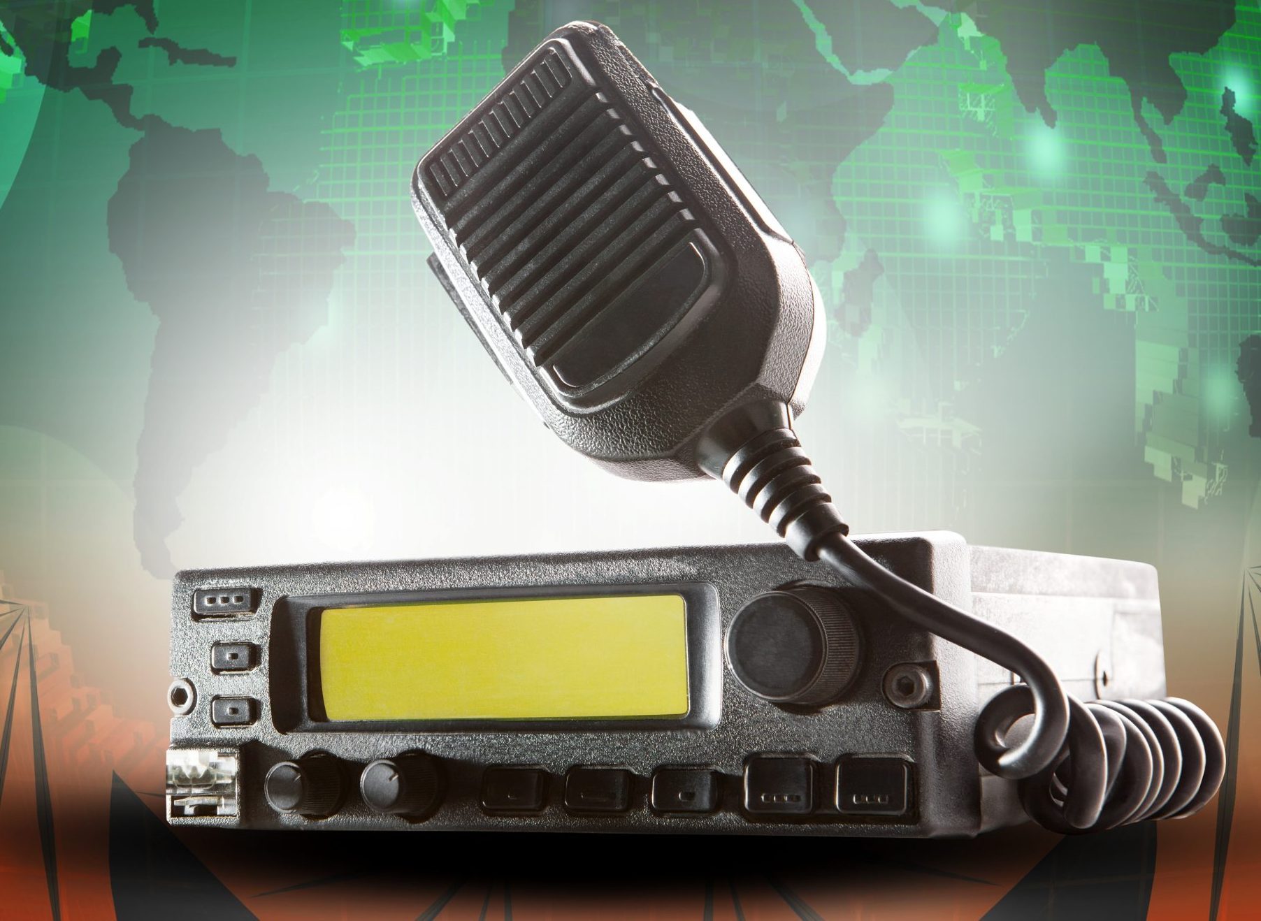 cb radio transceiver station and loud speaker holding on air use for ham connection and amateur radio gear theme