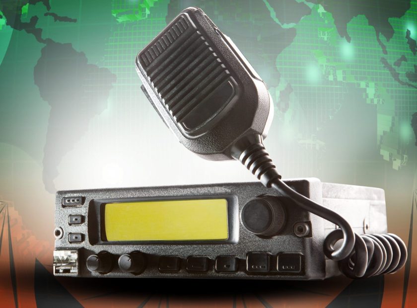 cb radio transceiver station and loud speaker holding on air use for ham connection and amateur radio gear theme
