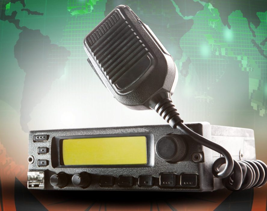 cb radio transceiver station and loud speaker holding on air use for ham connection and amateur radio gear theme